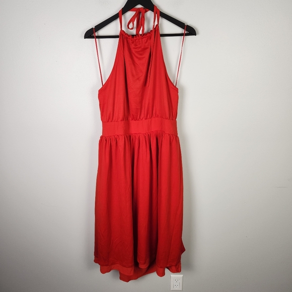 NSR Retro Red Crepe Halter Neck Fit & Flare Midi Dress With Pockets Size XL #486 - Picture 7 of 11